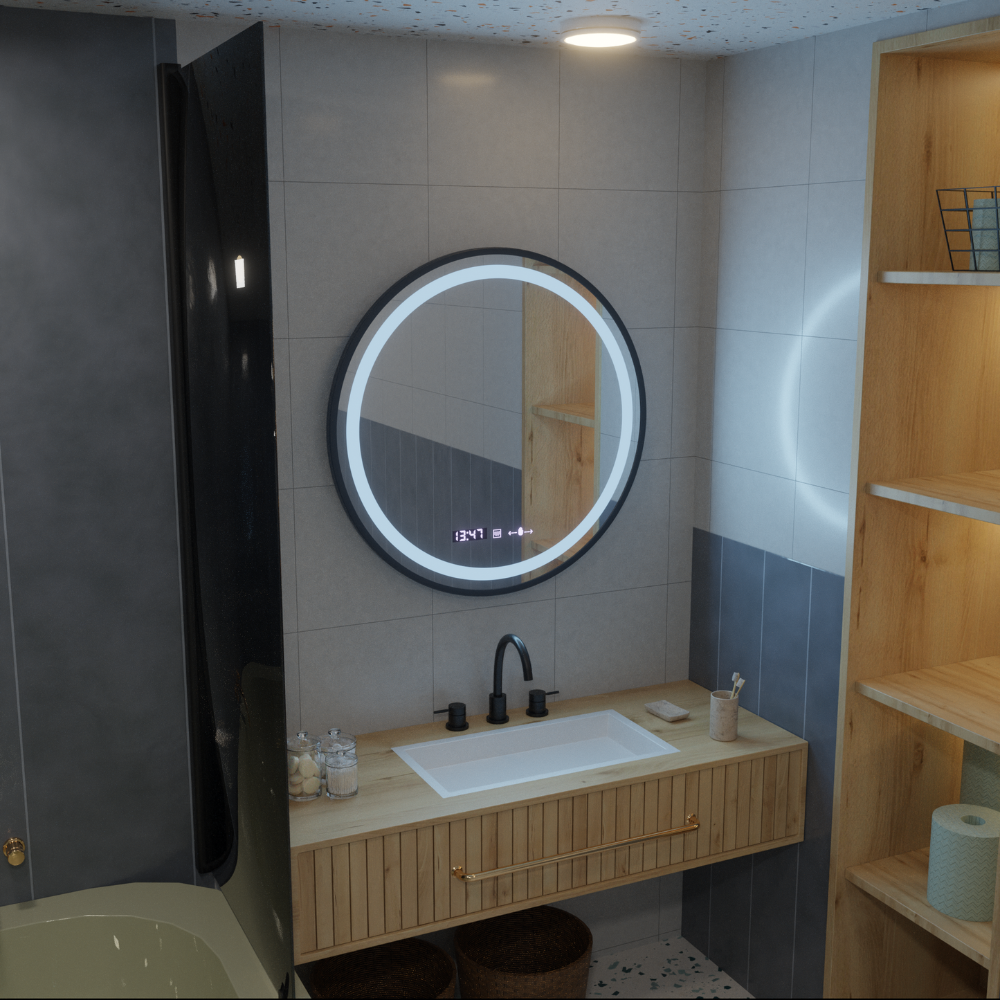 Oglinda LED Rotunda, 80cm, Celeste Majesté Noir MotionGlow Marcello, Sistem Dezaburire, Ceas & Termometru, Dimabila