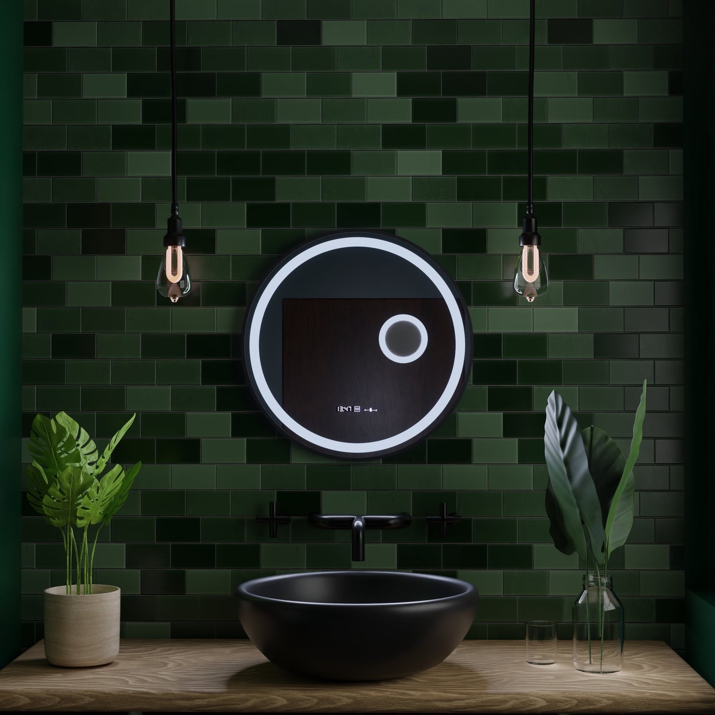 Oglinda LED Rotunda, 11W, 60cm, Micah Senzor MotionGlow Marcello, Sistem Dezaburire, Ceas & Termometru, Lupa Cosmetica, Dimabila
