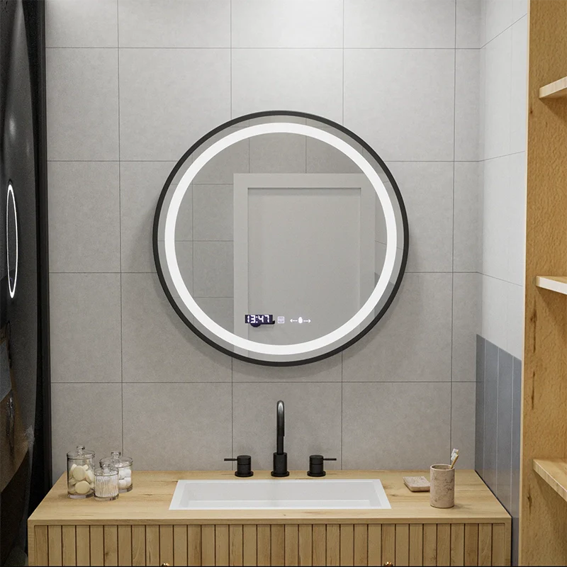 Oglinda LED Rotunda, 70cm, Celeste Majeste Noir MotionGlow Marcello, Sistem Dezaburire, Ceas & Termometru, Dimabila