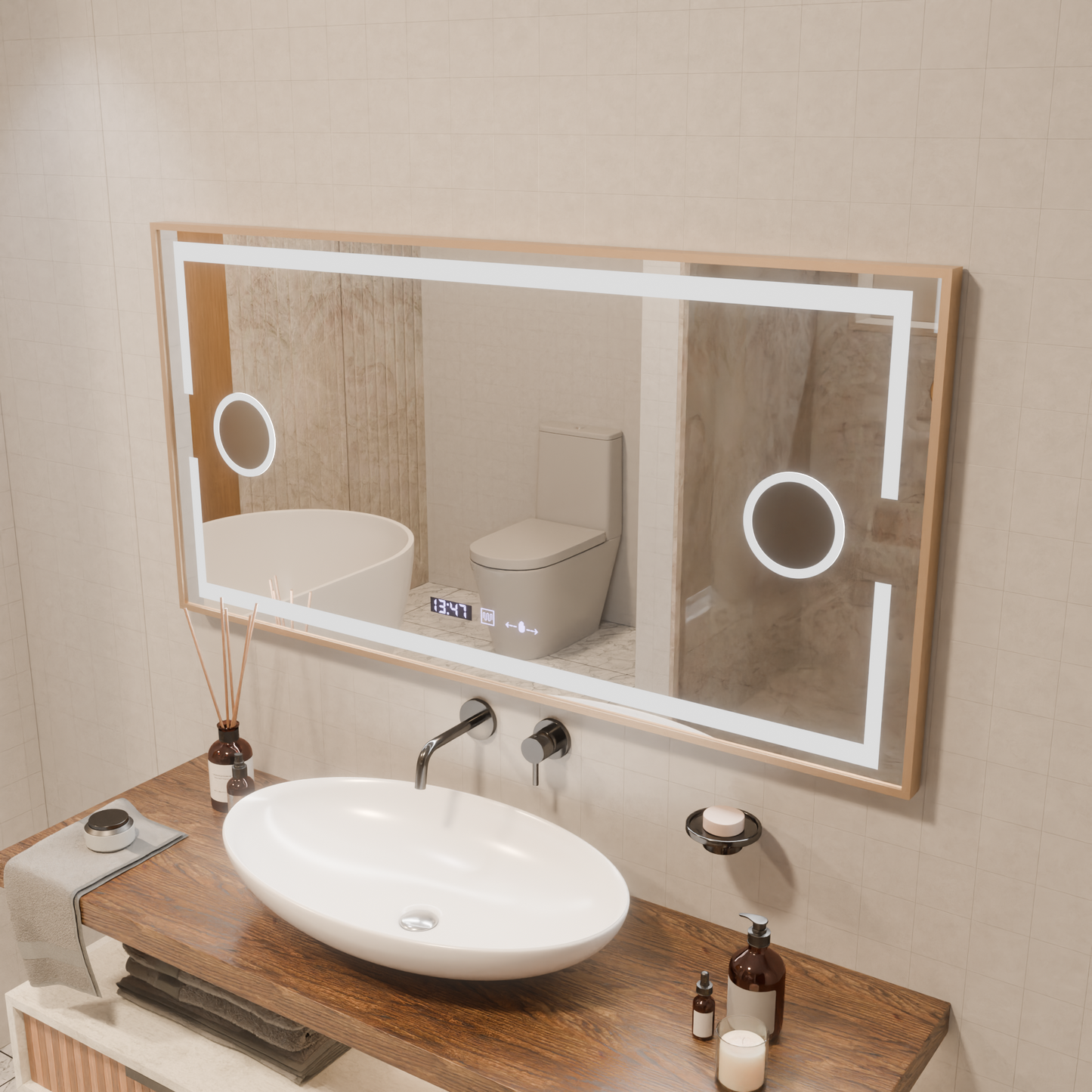 Oglinda LED Senzor MotionGlow Sofia cu functie Dezaburire Termometru Ceas 110x65 cm Lumina Calda/Rece/Neutra Dimabila,Rama Rose Gold, Colectia Marcello Funghi Oglinzi Marcello Default Title Alessandro Design