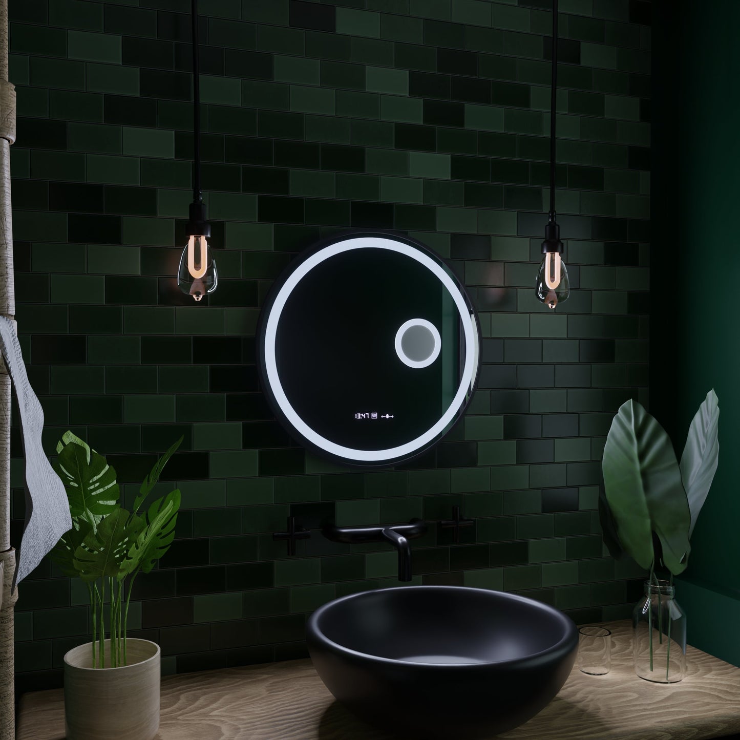 Oglinda LED Rotunda, 11W, 60cm, Micah Senzor MotionGlow Marcello, Sistem Dezaburire, Ceas & Termometru, Lupa Cosmetica, Dimabila