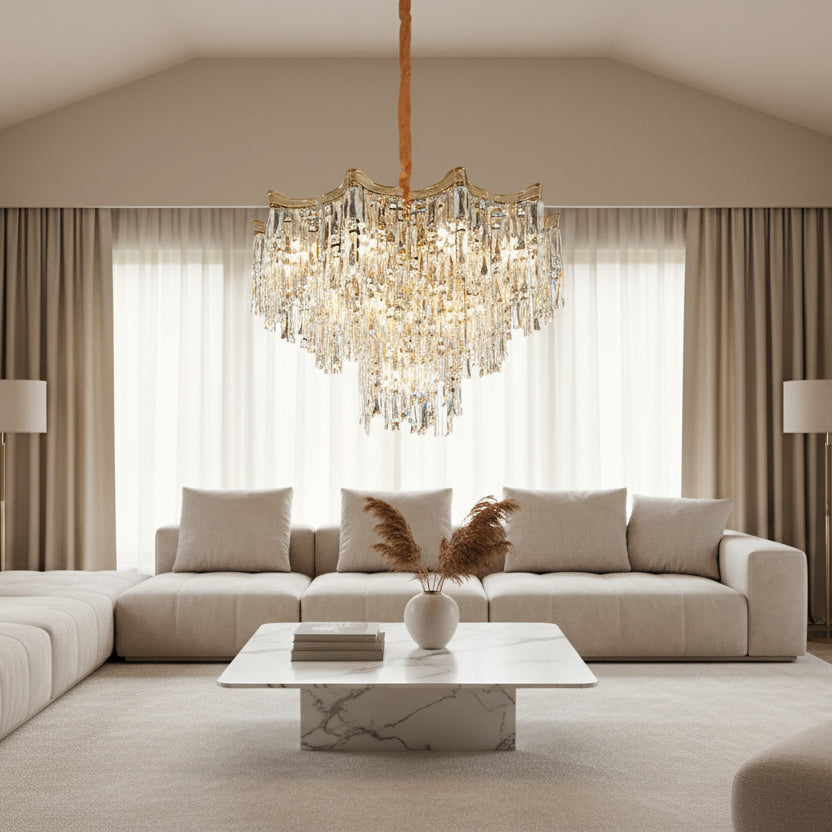 Candelabru Cristal VETRA Eleganza 9xE14, D50 cm, Auriu, Inaltime Reglabila, Metal si Cristal