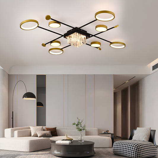 Lustra LED cu telecomanda si cristal GUIDA 46W, 8 Elemente, lumina Rece/Calda/Neutra, Dimabila, Negru Auriu Lustre LED cu Telecomanda Default Title Alessandro Design