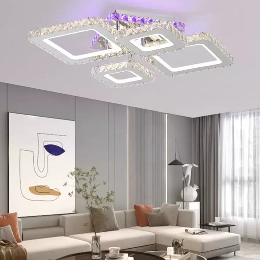 Lustra LED cu telecomanda si cristal NOVA RHOMBA RGB 60W, 4 Patrate, lumina Rece/Calda/Neutra, Dimabila, Crom Lucios