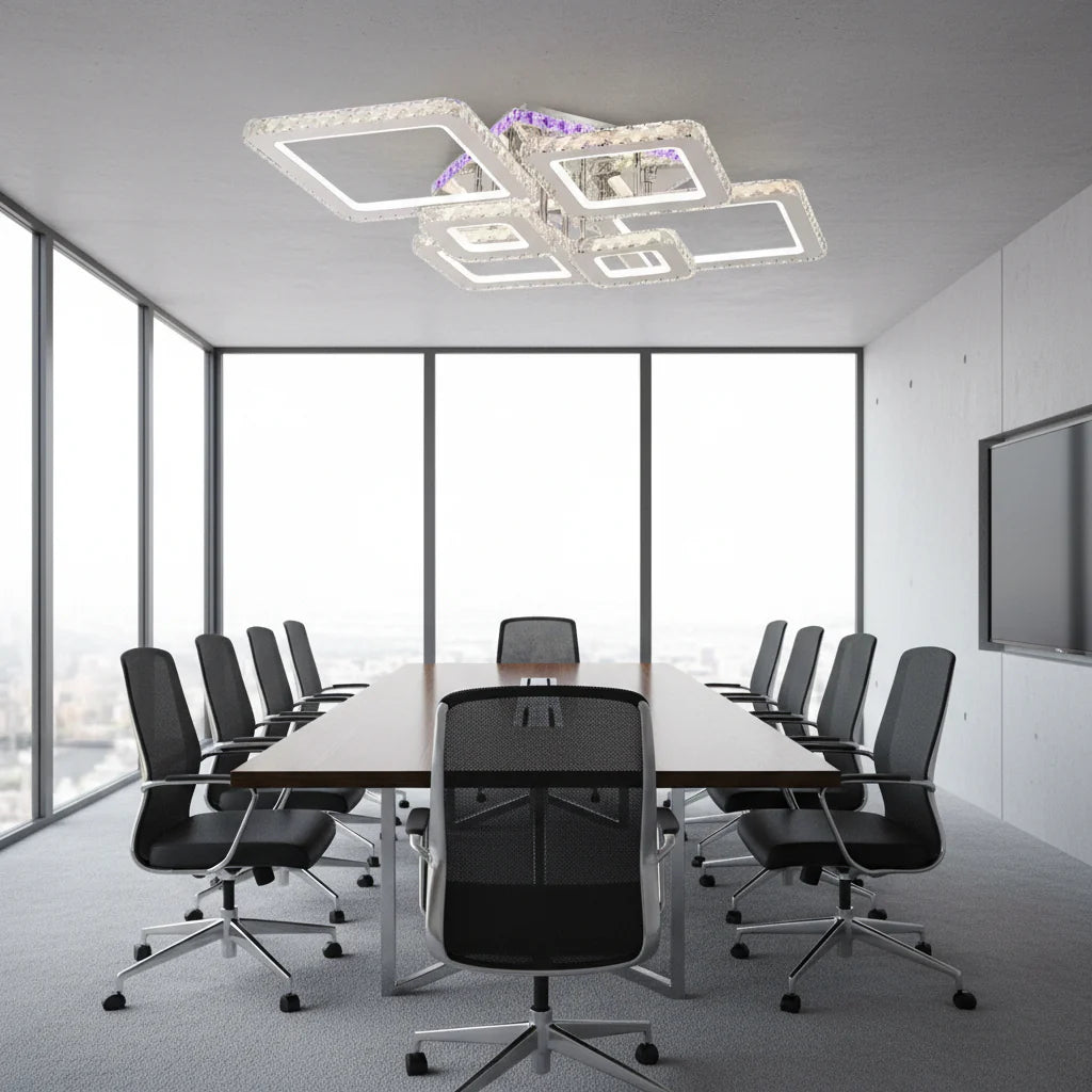 Lustra LED cu telecomanda si cristal NOVA RHOMBA RGB 168W, 6 Patrate, lumina Rece/Calda/Neutra, Dimabila, Crom Lucios Lustre LED & Cristale Default Title Alessandro Design