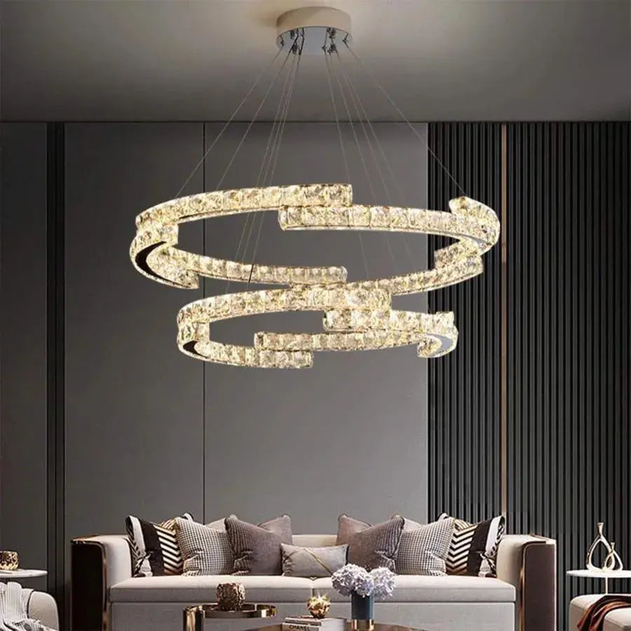 Lustra LED suspendata cu telecomanda si cristal MIA LATIFAH 70W, 2 Cercuri, lumina Rece/Calda/Neutra, Dimabila, Crom Lucios, Inaltime Reglabila