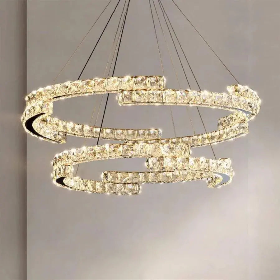 Lustra LED suspendata cu telecomanda si cristal MIA LATIFAH 70W, 2 Cercuri, lumina Rece/Calda/Neutra, Dimabila, Crom Lucios, Inaltime Reglabila