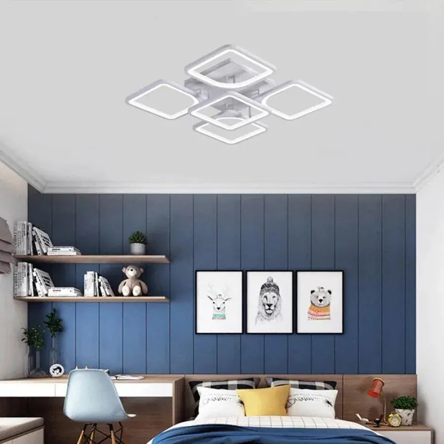 Lustra LED cu telecomanda FELY 80W, 5 Patrate, lumina Rece/Calda/Neutra, Dimabila, Alb