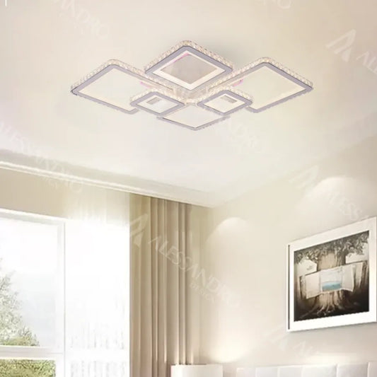 Lustra LED cu telecomanda si cristal QUADRIS RGB 240W, 6 Patrate, lumina Rece/Calda/Neutra, Dimabila, Alb