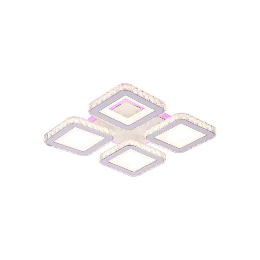 Lustra LED cu telecomanda si cristal LEILA RGB 79W, 4 Patrate, lumina Rece/Calda/Neutra, Dimabila, Alb Crom Lucios