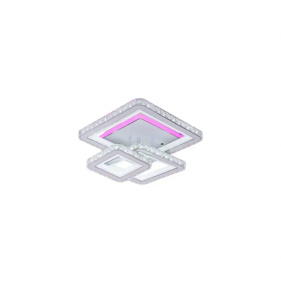 Lustra LED cu telecomanda si cristal LEILA 154W, 3 Patrate, lumina Rece/Calda/Neutra, Dimabila, Alb Crom Lucios