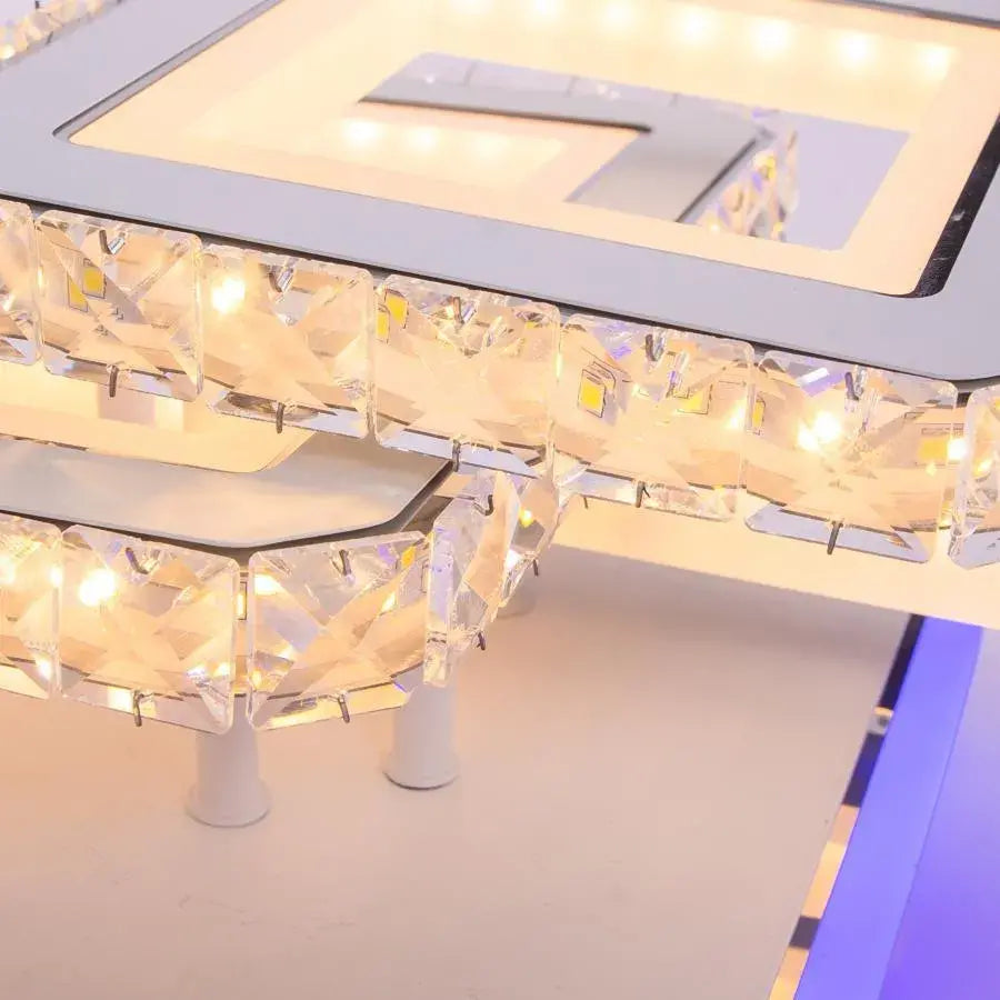 Lustra LED cu telecomanda si cristal LEILA 154W, 3 Patrate, lumina Rece/Calda/Neutra, Dimabila, Alb Crom Lucios