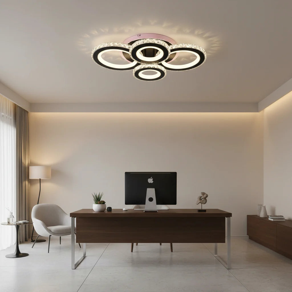 Lustra LED cu telecomanda si cristal NOVA ROTONDA RGB 82W, 4 Cercuri, lumina Rece/Calda/Neutra, Dimabila, Negru Lustre LED cu Telecomanda Default Title Alessandro Design