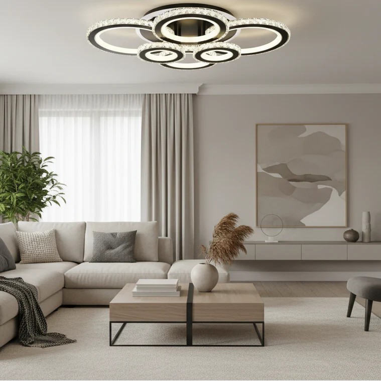 Lustra LED cu telecomanda si cristal NOVA ROTONDA RGB 145W, 6 Cercuri, lumina Rece/Calda/Neutra, Dimabila, Negru Lustre LED cu Telecomanda Default Title Alessandro Design