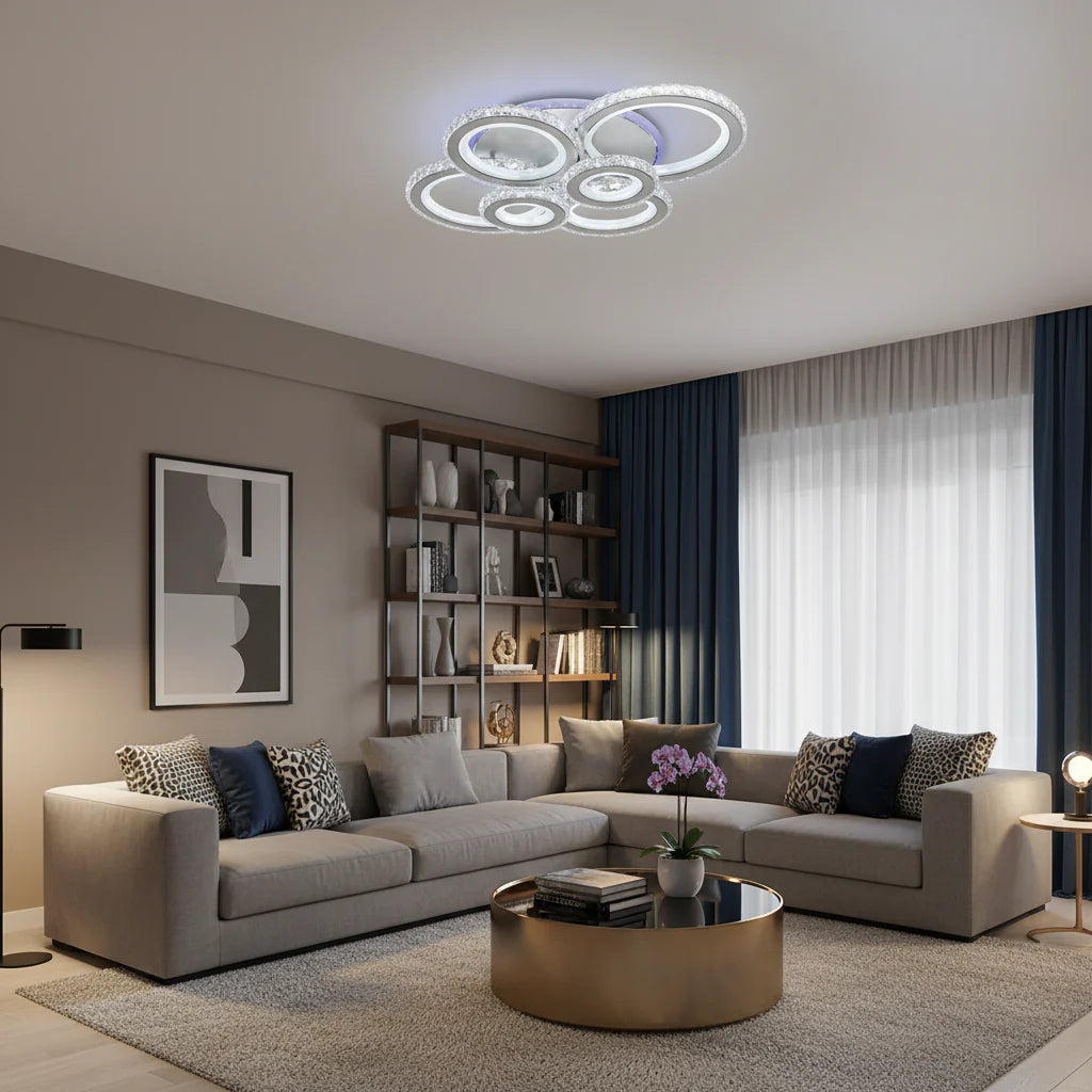 Lustra LED cu telecomanda si cristal NOVA ROTONDA RGB 145W, 6 Cercuri, lumina Rece/Calda/Neutra, Dimabila, Alb Lustre LED Cristal Default Title Alessandro Design