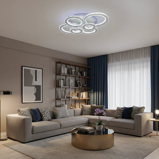 Lustra LED cu telecomanda si cristal NOVA ROTONDA RGB 145W, 6 Cercuri, lumina Rece/Calda/Neutra, Dimabila, Alb Lustre LED Cristal Default Title Alessandro Design