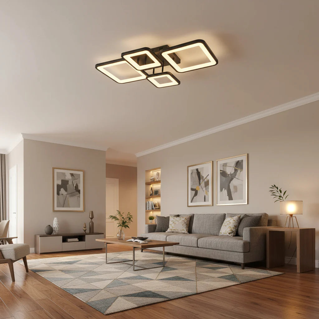 Lustra LED cu telecomanda MUGE 112W, 4 Patrate, lumina Rece/Calda/Neutra, Dimabila, Negru Lustre LED cu Telecomanda Default Title Alessandro Design