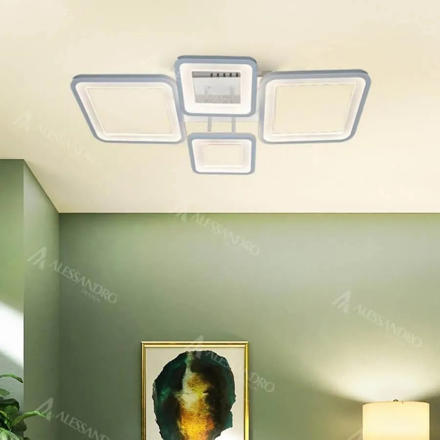 Lustra LED cu telecomanda ELLA 85W, 4 Patrate, lumina Rece/Calda/Neutra, Dimabila, Alb