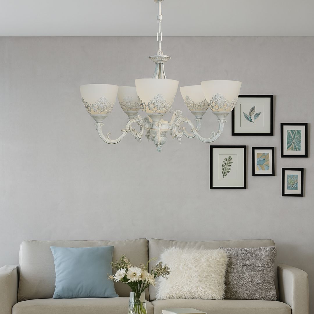 Lustra VINTAGE, tip Pendul cu brate, COTTAGE, Circulara, 5xE27, Sticla si Metal, Alb Lustre Clasice Default Title Alessandro Design