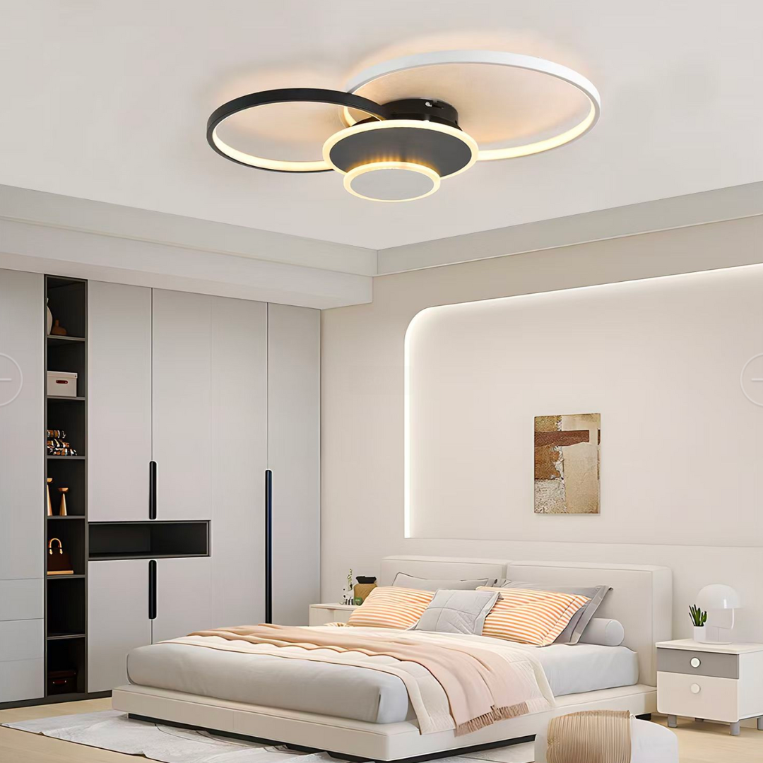 Lustra LED cu telecomanda KILLIAN 82W, 4 Cercuri, lumina Rece/Calda/Neutra, Dimabila, Negru Alb