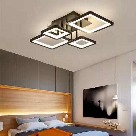 Lustra LED cu telecomanda ELLA 85W, 4 Patrate, lumina Rece/Calda/Neutra, Dimabila, Negru