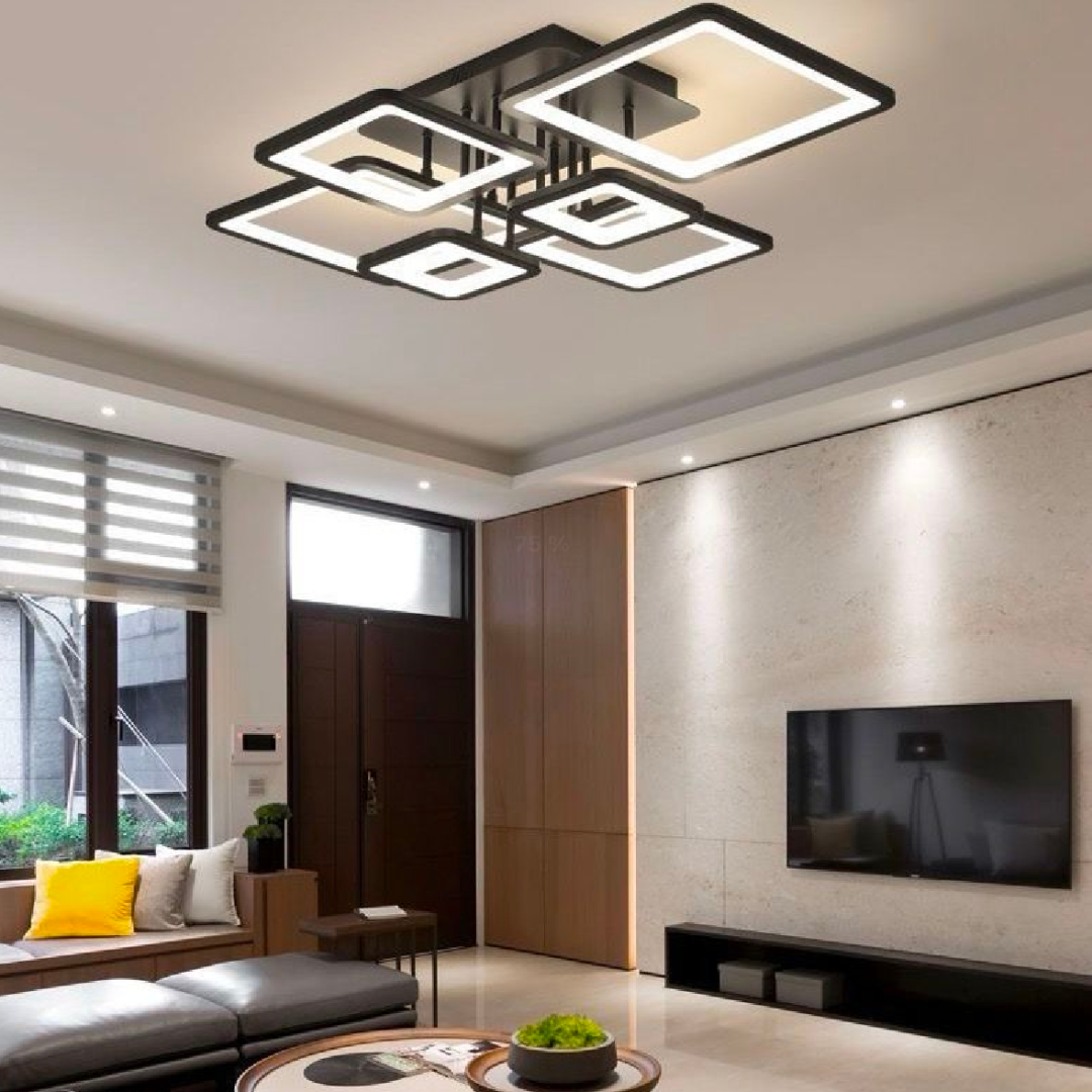 Lustra LED cu telecomanda ELLA 124W, 6 Patrate, lumina Rece/Calda/Neutra, Dimabila, Negru