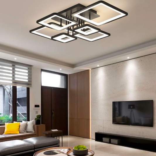 Lustra LED cu telecomanda ELLA 124W, 6 Patrate, lumina Rece/Calda/Neutra, Dimabila, Negru
