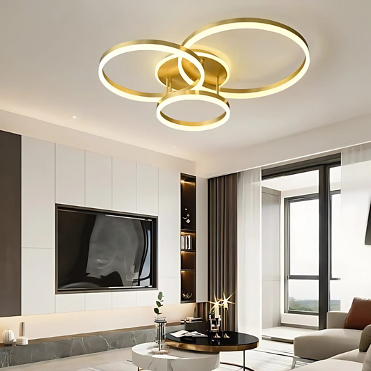 Lustra LED cu telecomanda RIGA LILITH 94W, 3 Cercuri, lumina Rece/Calda/Neutra, Dimabila, Auriu Lucios