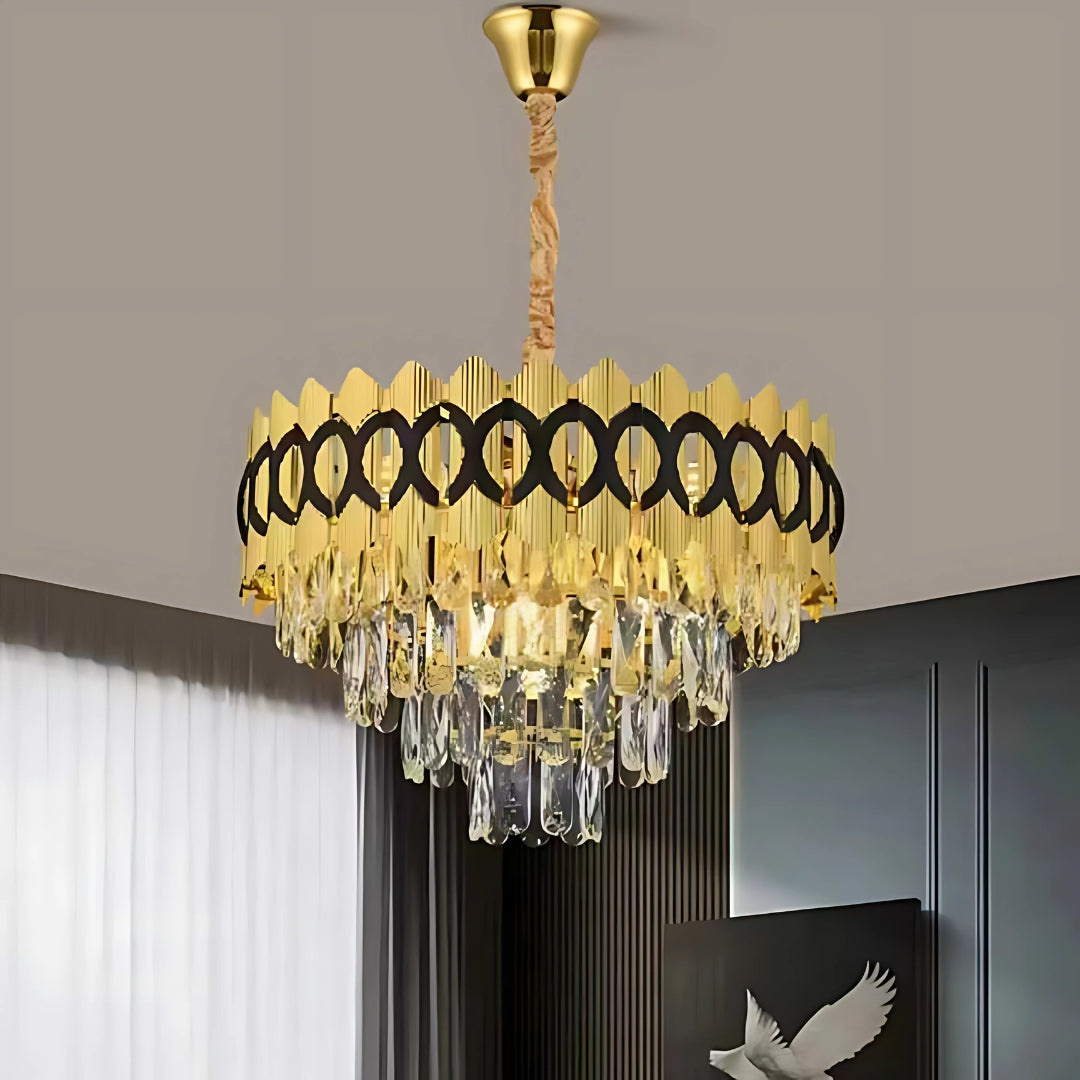 Candelabru Cristal PIERREFONDS Petito 3xE14, Diametru 30cm, Auriu Lucios, Inaltime Reglabila