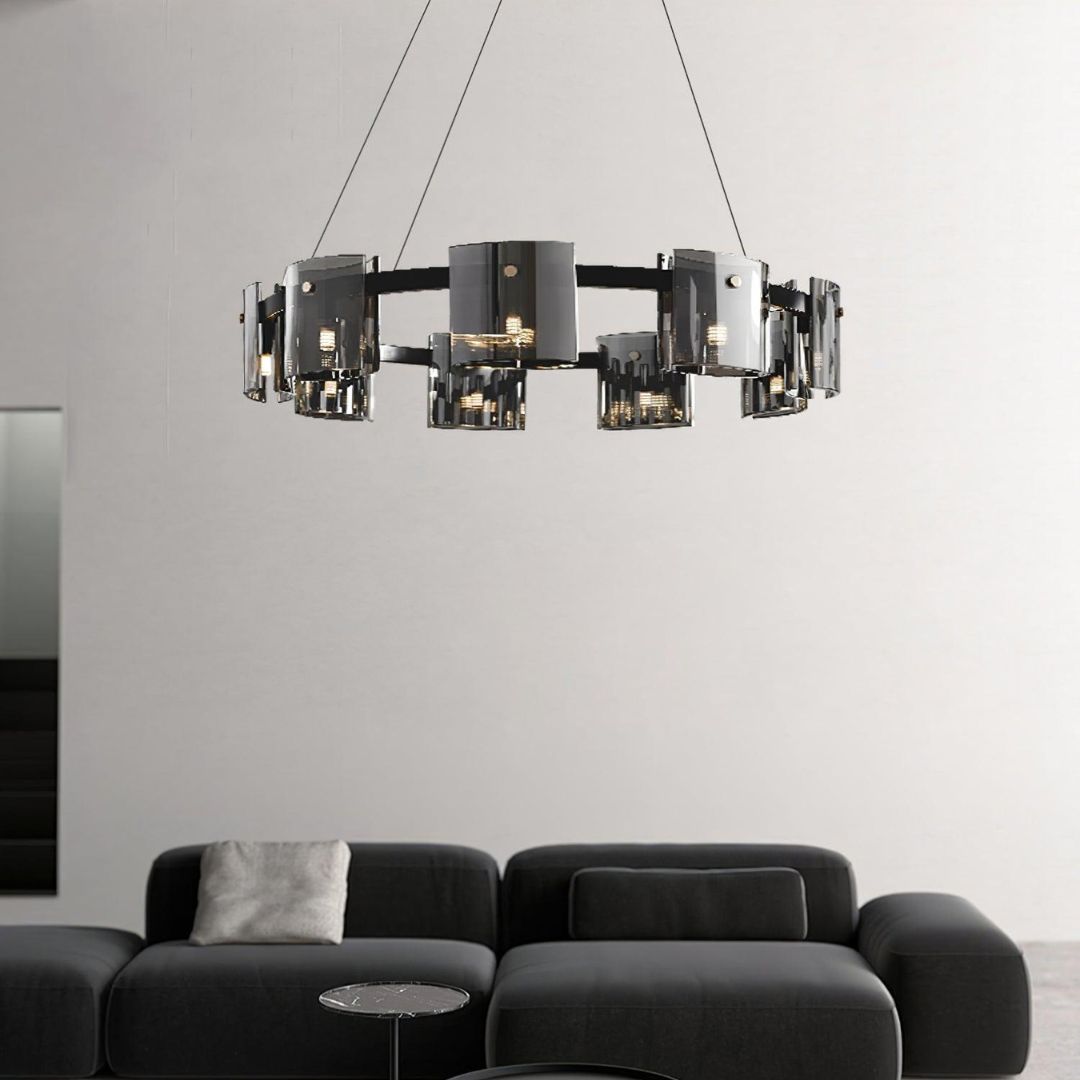 Candelabru Modern, Valmontreux Largo, 8xG9, Diametru 80cm, Negru si Cristale Cenusii, Inaltime Reglabila, Metal si Cristal Candelabre Moderne Default Title Alessandro Design