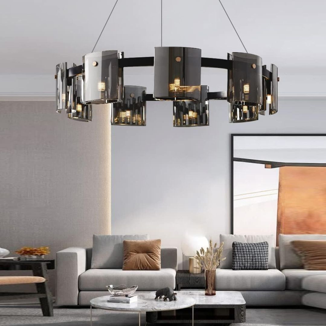 Candelabru Modern, Valmontreux Largo, 8xG9, Diametru 80cm, Negru si Cristale Cenusii, Inaltime Reglabila, Metal si Cristal Candelabre Moderne Default Title Alessandro Design