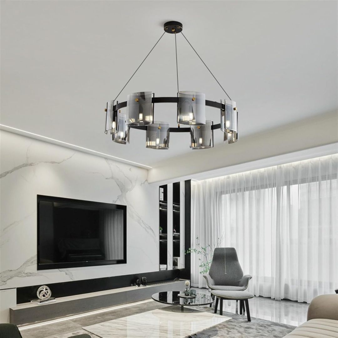 Candelabru Modern, Valmontreux Largo, 8xG9, Diametru 80cm, Negru si Cristale Cenusii, Inaltime Reglabila, Metal si Cristal Candelabre Moderne Default Title Alessandro Design