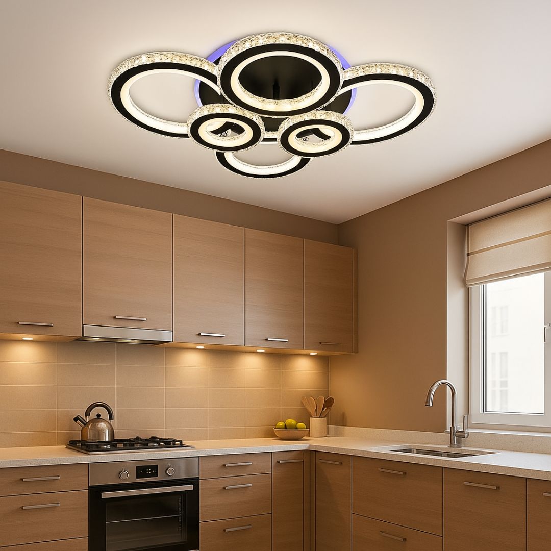 Lustra LED cu telecomanda si cristal NOVA ROTONDA RGB 154W, 6 Cercuri, lumina Rece/Calda/Neutra, Dimabila, Negru