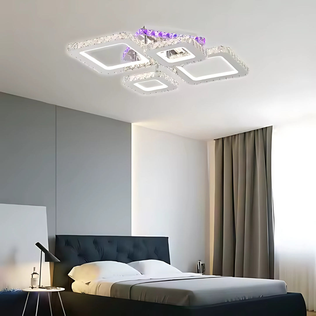 Lustra LED cu telecomanda si cristal NOVA RHOMBA RGB 60W, 4 Patrate, lumina Rece/Calda/Neutra, Dimabila, Crom Lucios