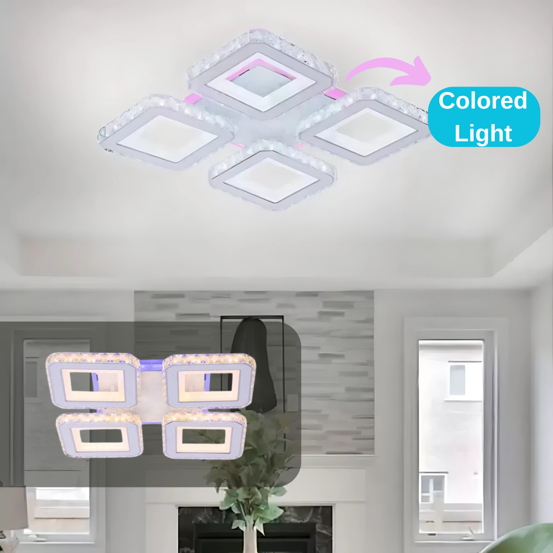Lustra LED cu telecomanda si cristal LEILA RGB 79W, 4 Patrate, lumina Rece/Calda/Neutra, Dimabila, Alb Crom Lucios