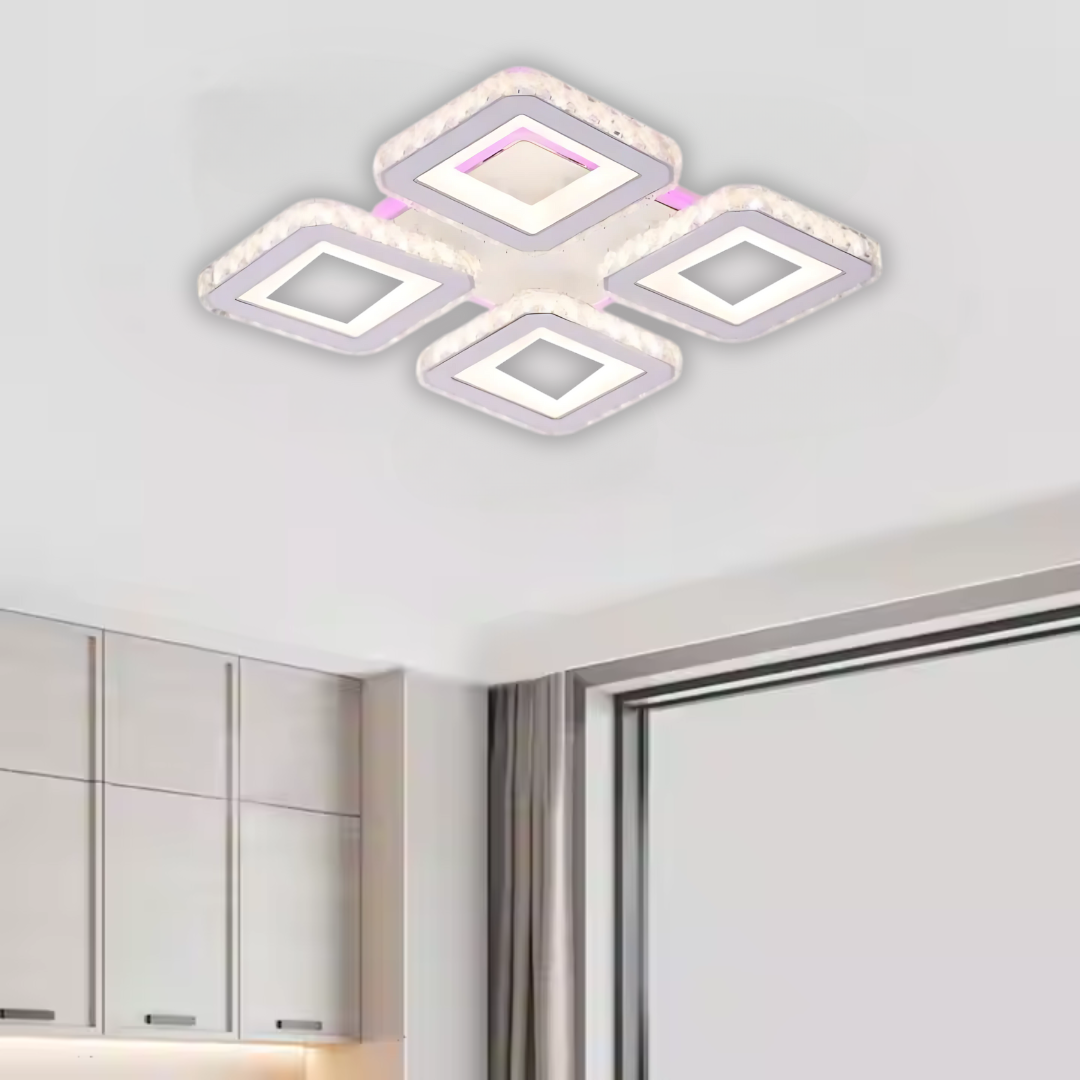 Lustra LED cu telecomanda si cristal LEILA RGB 79W, 4 Patrate, lumina Rece/Calda/Neutra, Dimabila, Alb Crom Lucios