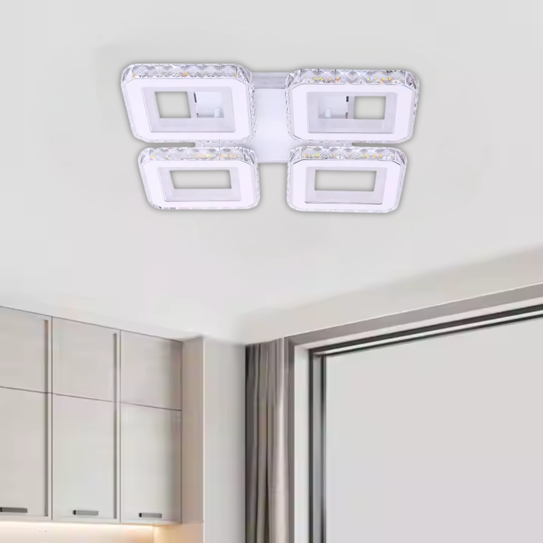 Lustra LED cu telecomanda si cristal LEILA RGB 79W, 4 Patrate, lumina Rece/Calda/Neutra, Dimabila, Alb Crom Lucios