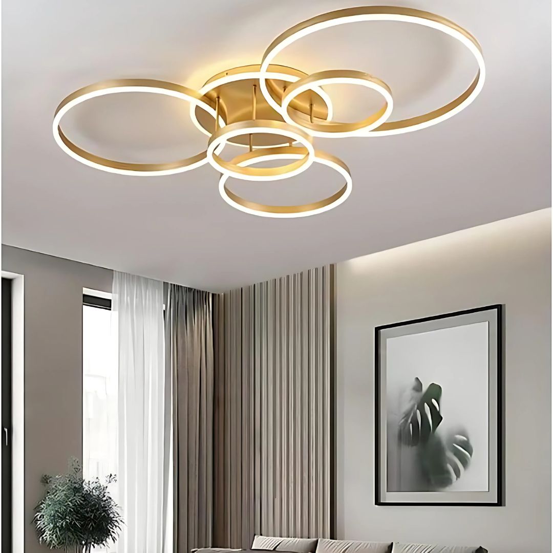 Lustra LED cu Telecomnda DARIO, 5 cercuri, 120W, Lumina Calda/Rece/Neutra, Dimabila, Auriu