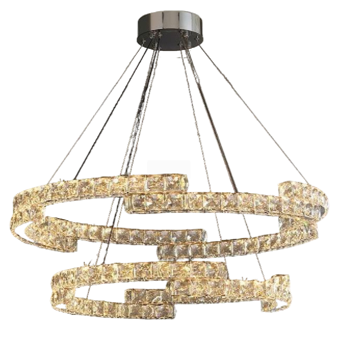 Lustra LED suspendata cu telecomanda si cristal MIA LATIFAH 70W, 2 Cercuri, lumina Rece/Calda/Neutra, Dimabila, Crom Lucios, Inaltime Reglabila