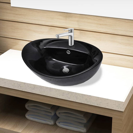 Bazin chiuveta ceramica baie cu gaura robinet/preaplin, oval, negru