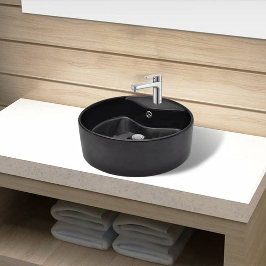 Bazin chiuveta ceramica baie cu gaura robinet/preaplin, rotund, negru