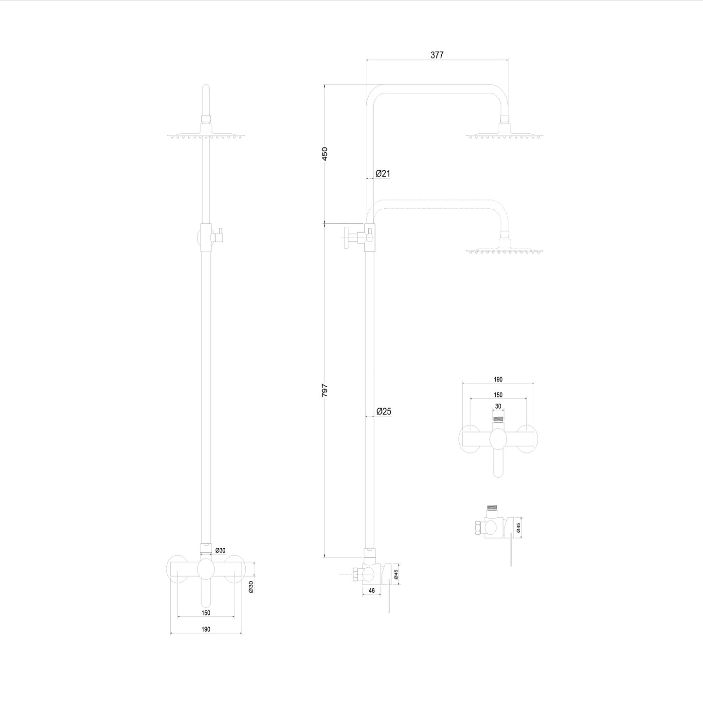 Coloana de dus cu baterie STEEL, din INOX, Satinata