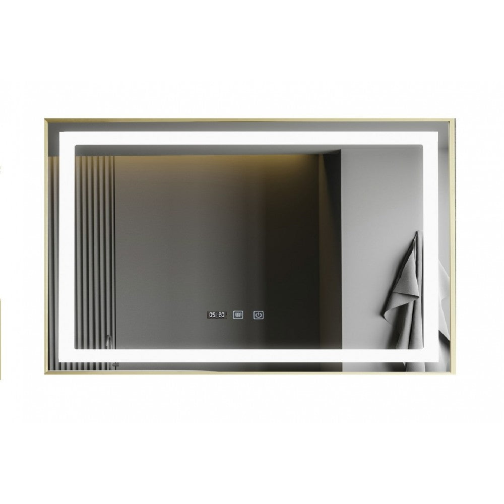 Oglinda LED Colectia Marcello Funghi Dreptunghiulara, cu Functie Dezaburire, Afisaj Ceas Electronic si Sistem Touch, Auriu Antichizat